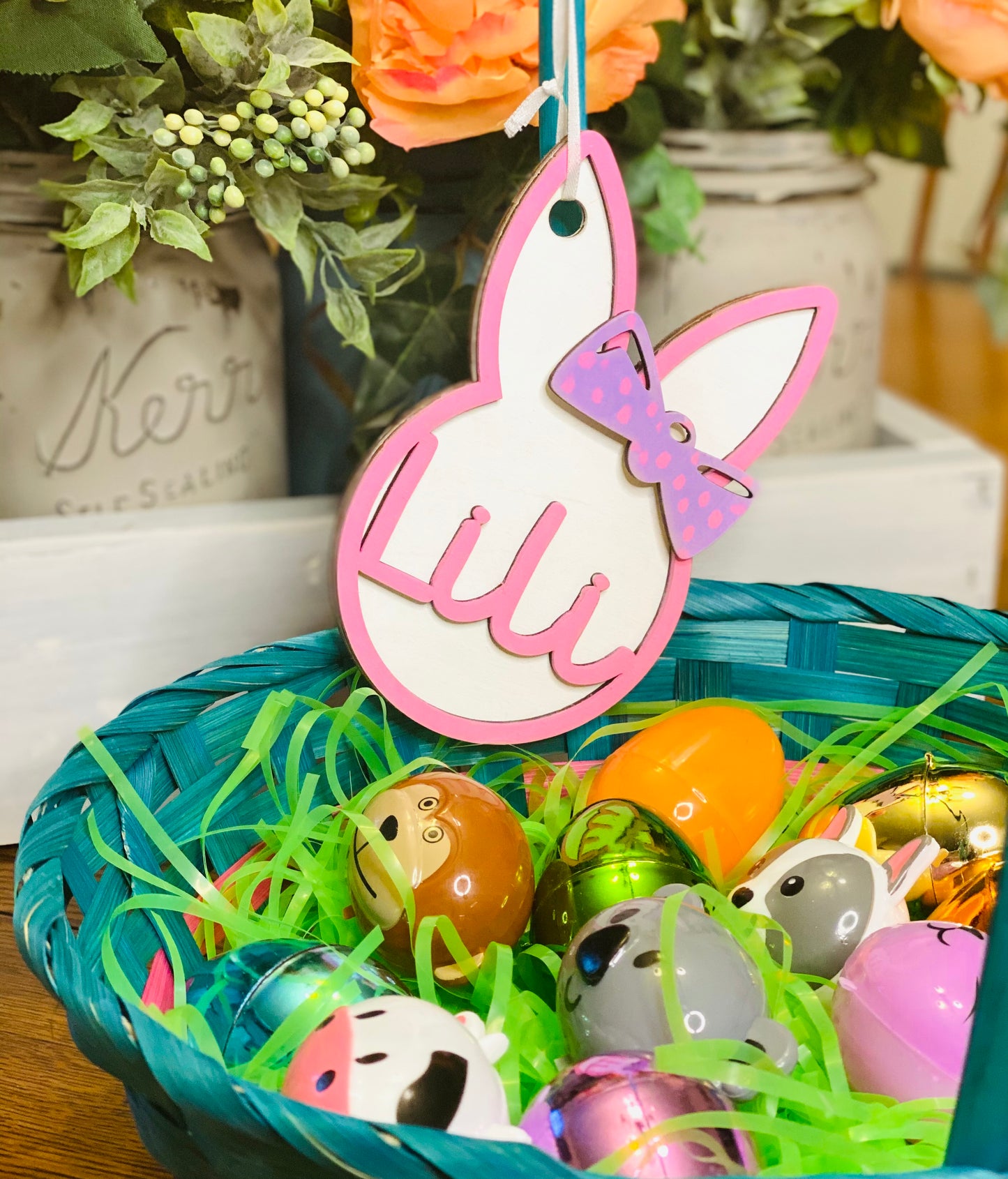 Pink and white painted bunny with purple bow with pink polka dots with personalized name Easter basket tag